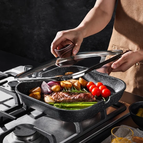 Multifunctional Non Stick Thick Square Grill Pan Marble Stone Flat Beef Steak frying Pan With Free Tong