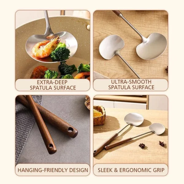 Walnut Long Handled Mushroom Shaped Stir Fry Spoon Kitchen Mushroom Shovel 304 Stainless Steel Material Does Not Scratch Kitchen Utensils