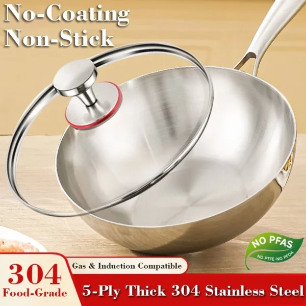KORDISEN 5 layer steel 304 stainless steel uncoated frying pan  mother and baby food grade non stick pan  uncoated non stick frying pan
