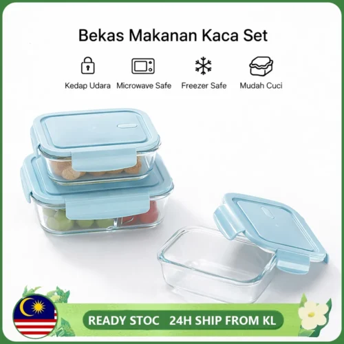 Borosilicate Glass Lunch Box Set 410 650 1040ml   Airtight Leakproof   Microwave   Freezer Safe Bekas Makanan Kaca
