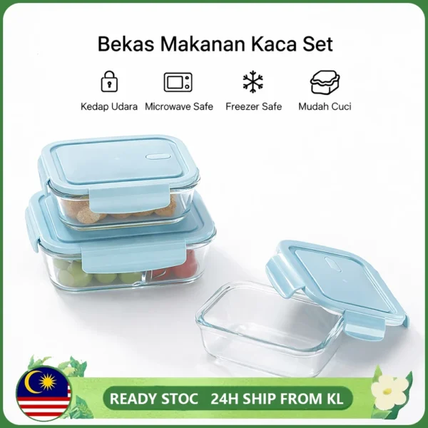 Borosilicate Glass Lunch Box Set 410 650 1040ml   Airtight Leakproof   Microwave   Freezer Safe Bekas Makanan Kaca