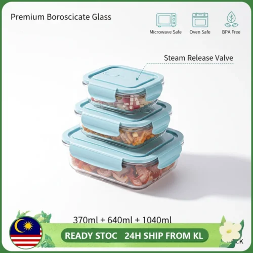 3PCS  Glass Lunch Box Microwave Heat Resistant Food Container Bekas Makanan Kaca Set Bento Box       410ml 650ml 960ml