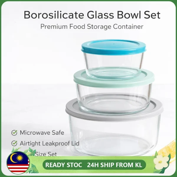 Glass Lunch Box Set Bekas Makanan Kaca Borosilicate Round Food Container Oven Microwave Safe 4