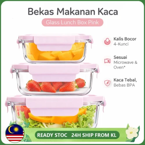 my-11134207-820lb-mjdw1usu5rer73.webp Set Bekas Makanan Kaca 3pcs Lunch Box Microwave Tahan Panas Tutup Klip Kedap