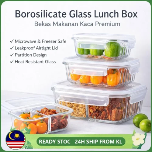High Borosilicate Glass Lunch Box Bekas Makanan Kaca Microwave Safe Airtight Leakproof Food Container       Partition