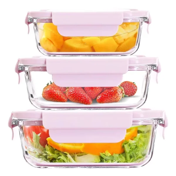 Set Bekas Makanan Kaca 3pcs   Lunch Box Microwave Tahan Panas   Tutup Klip Kedap